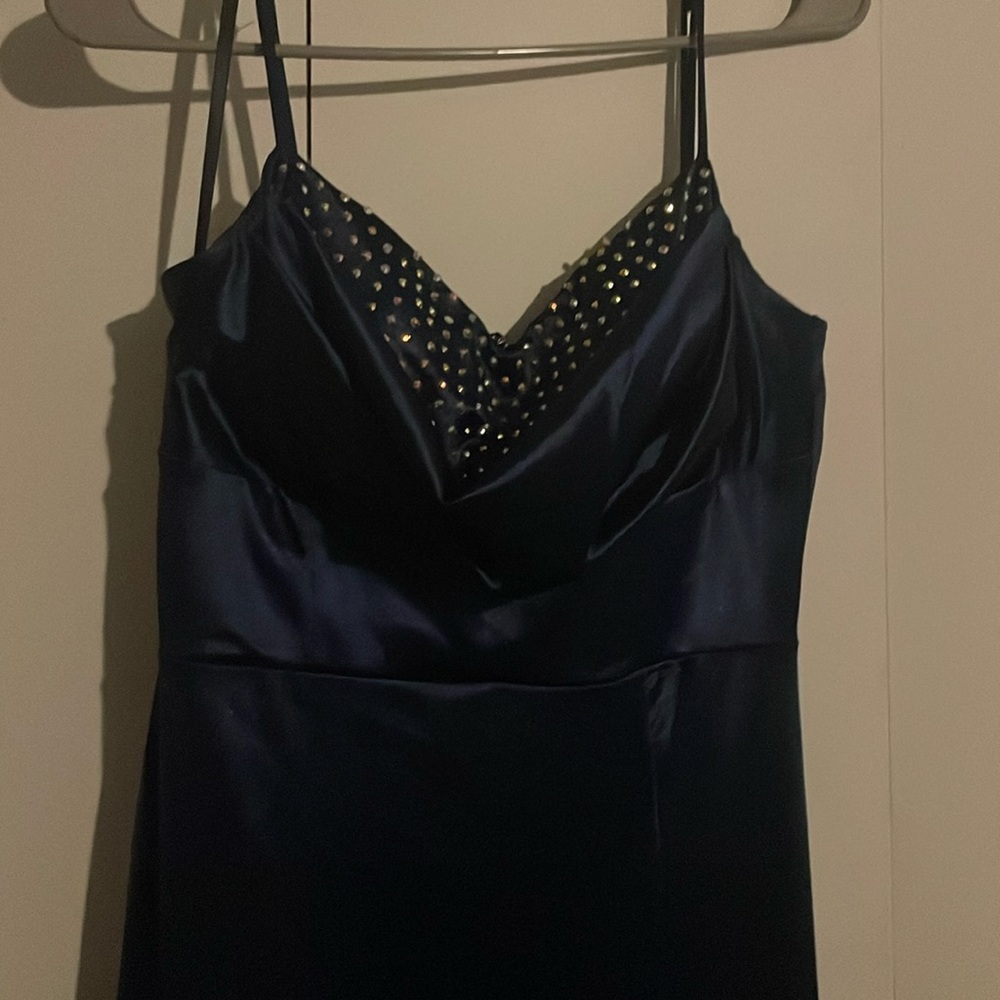 Dark Blue mock-cowl neckline bejeweled formal dress